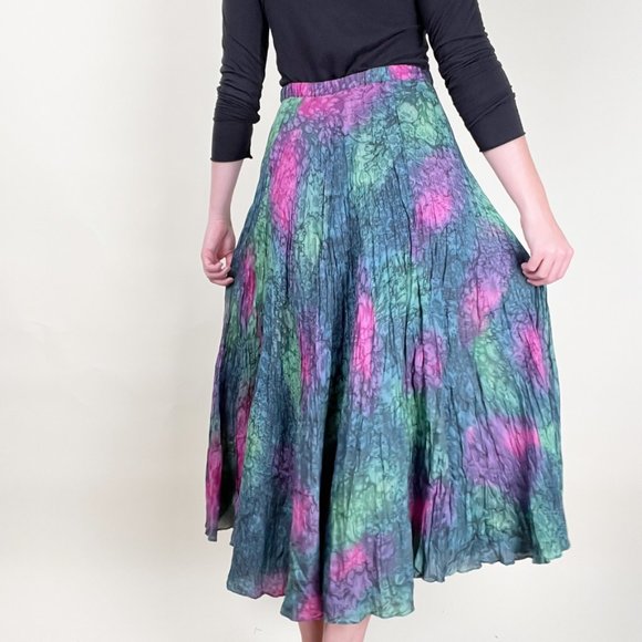 Vintage 100% Silk High Rise Boho Midi Skirt Flowy Mermaid Tie Dye Bohemian Drape - Picture 2 of 6